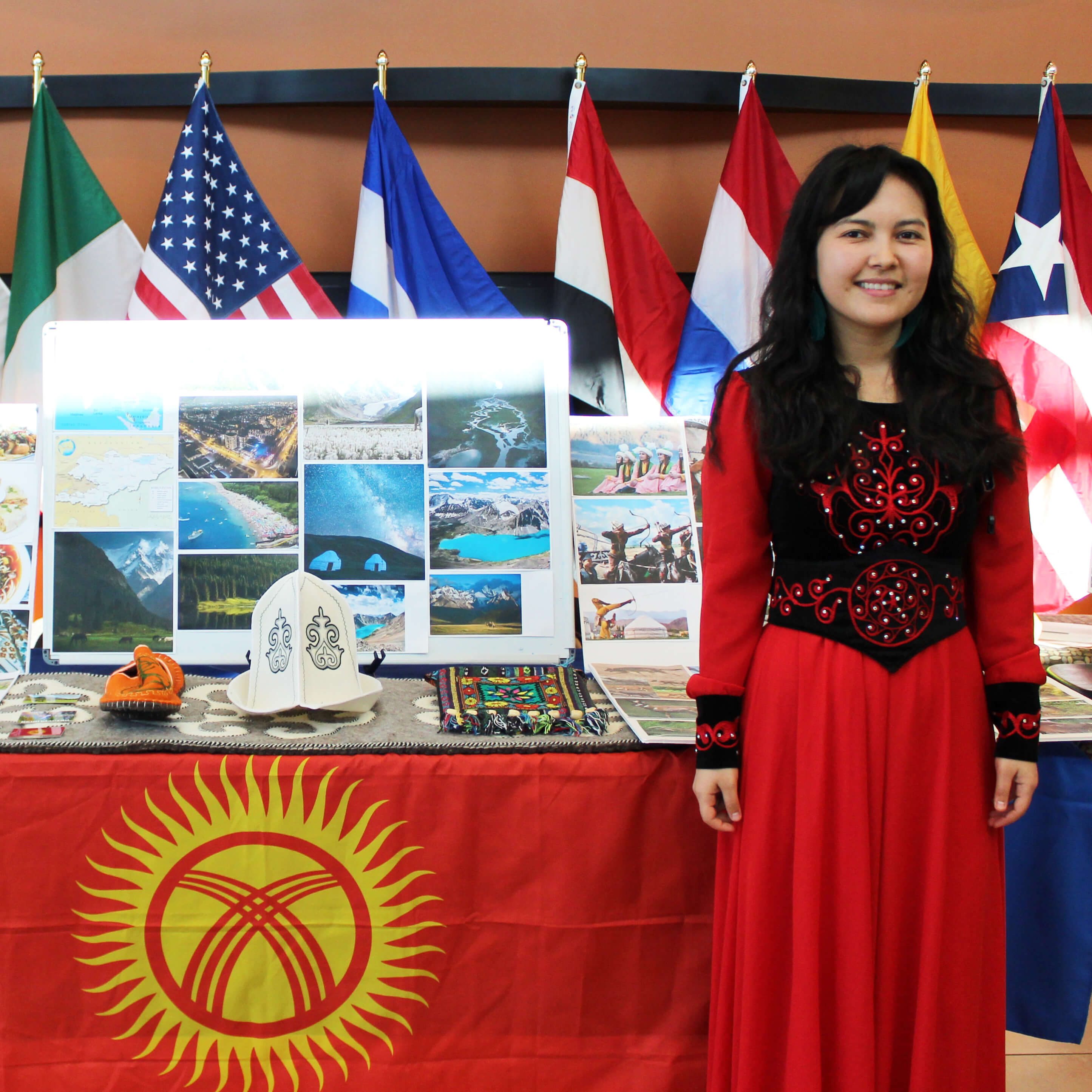 International student in front of display