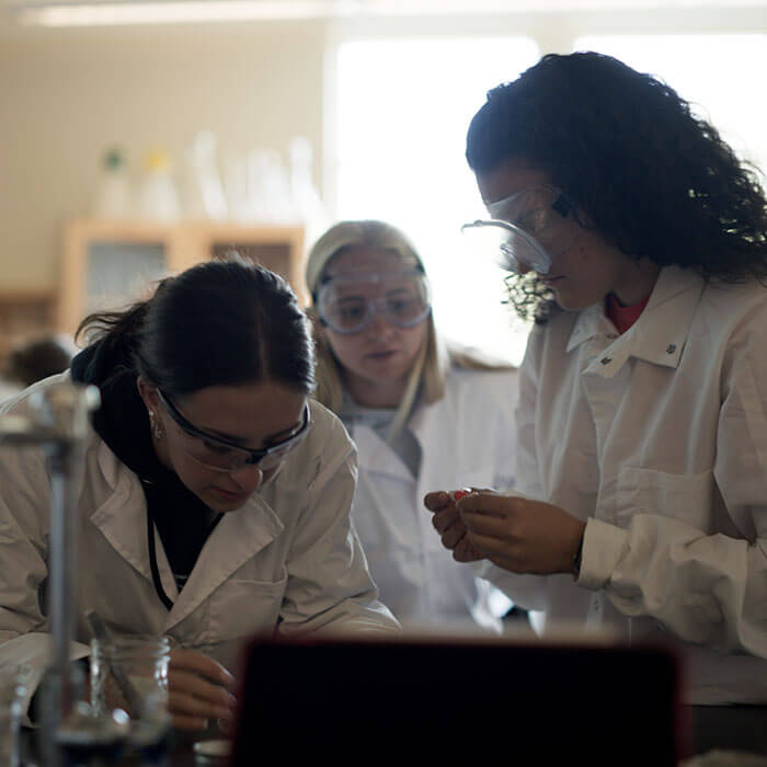 Three students conduct research in a science class